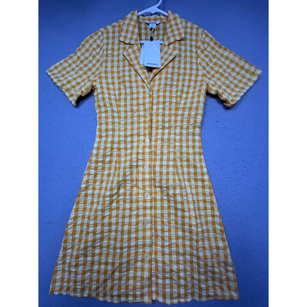 Monki Dress Seersucker Gingham Yellow White XS Womens